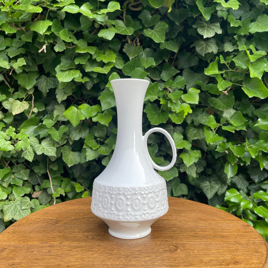 White Porcelain Vase with Handle  – Relief Ornament