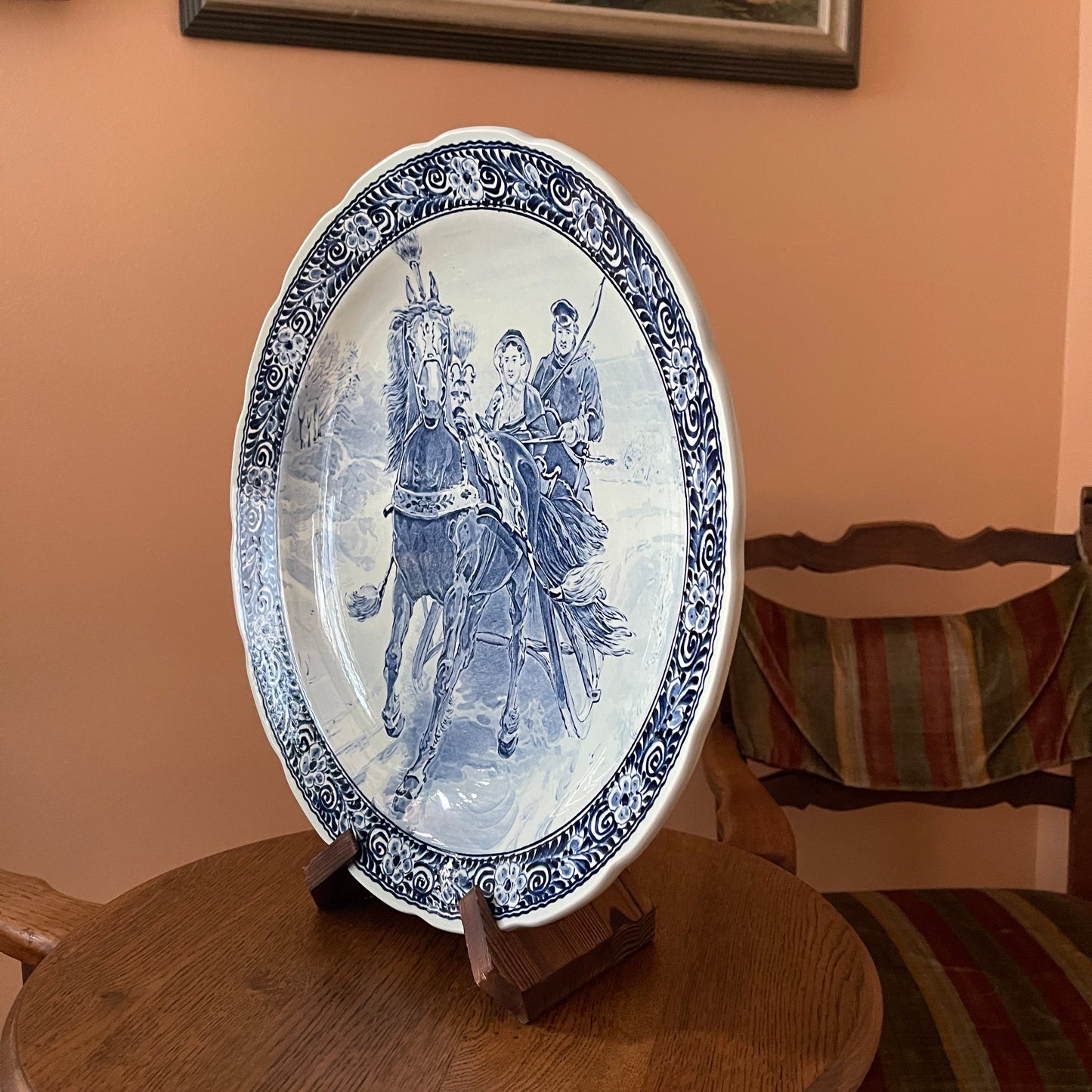 Very Large Delft Style Ceramic Wall Plate – Horse Sleigh