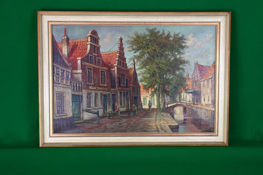 Oil on canvas - Houses on the canal