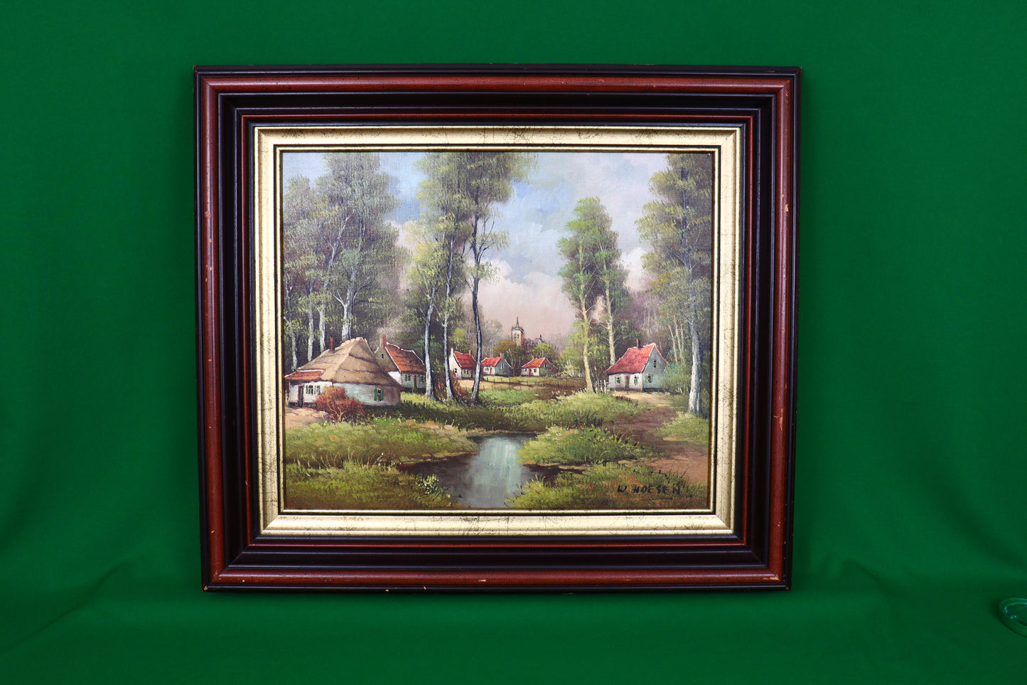 Oil in canvas - A village by the stream