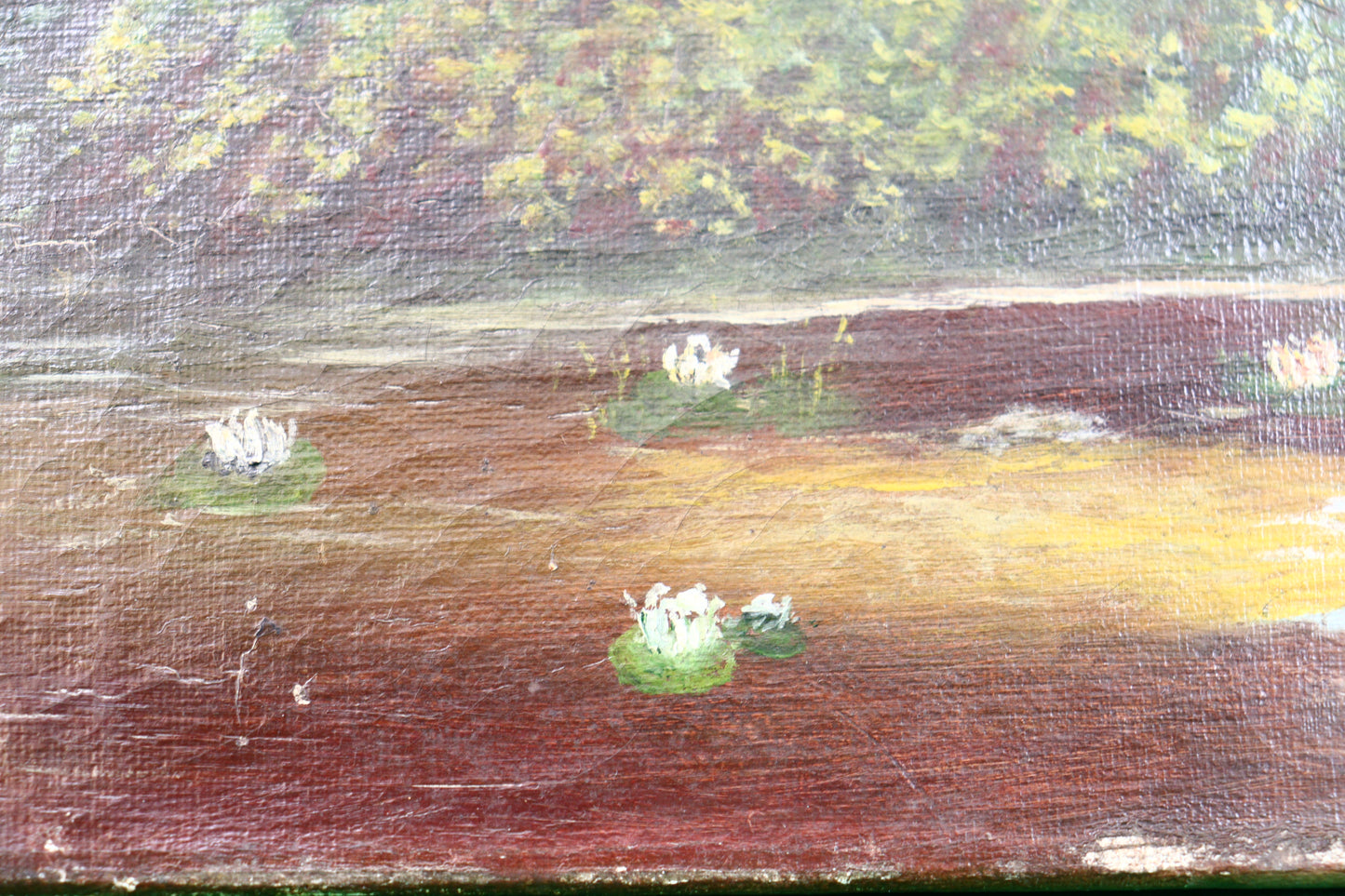 Oil on canvas - Girl by the house by the pond