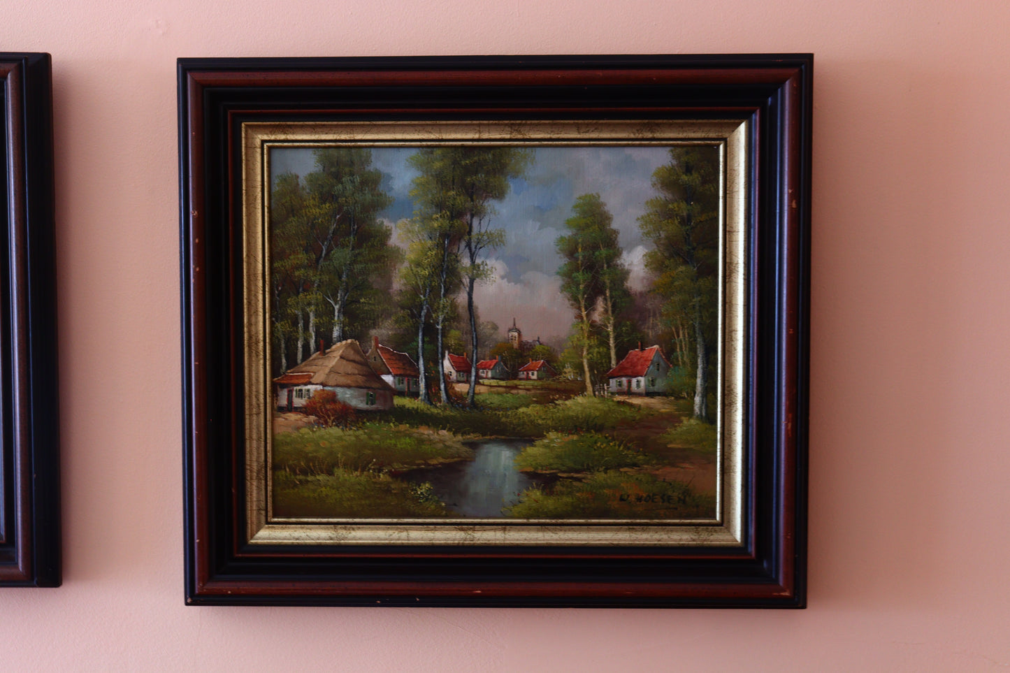 Oil in canvas - A village by the stream