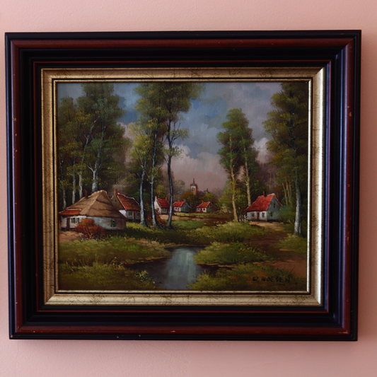 Oil in canvas - A village by the stream