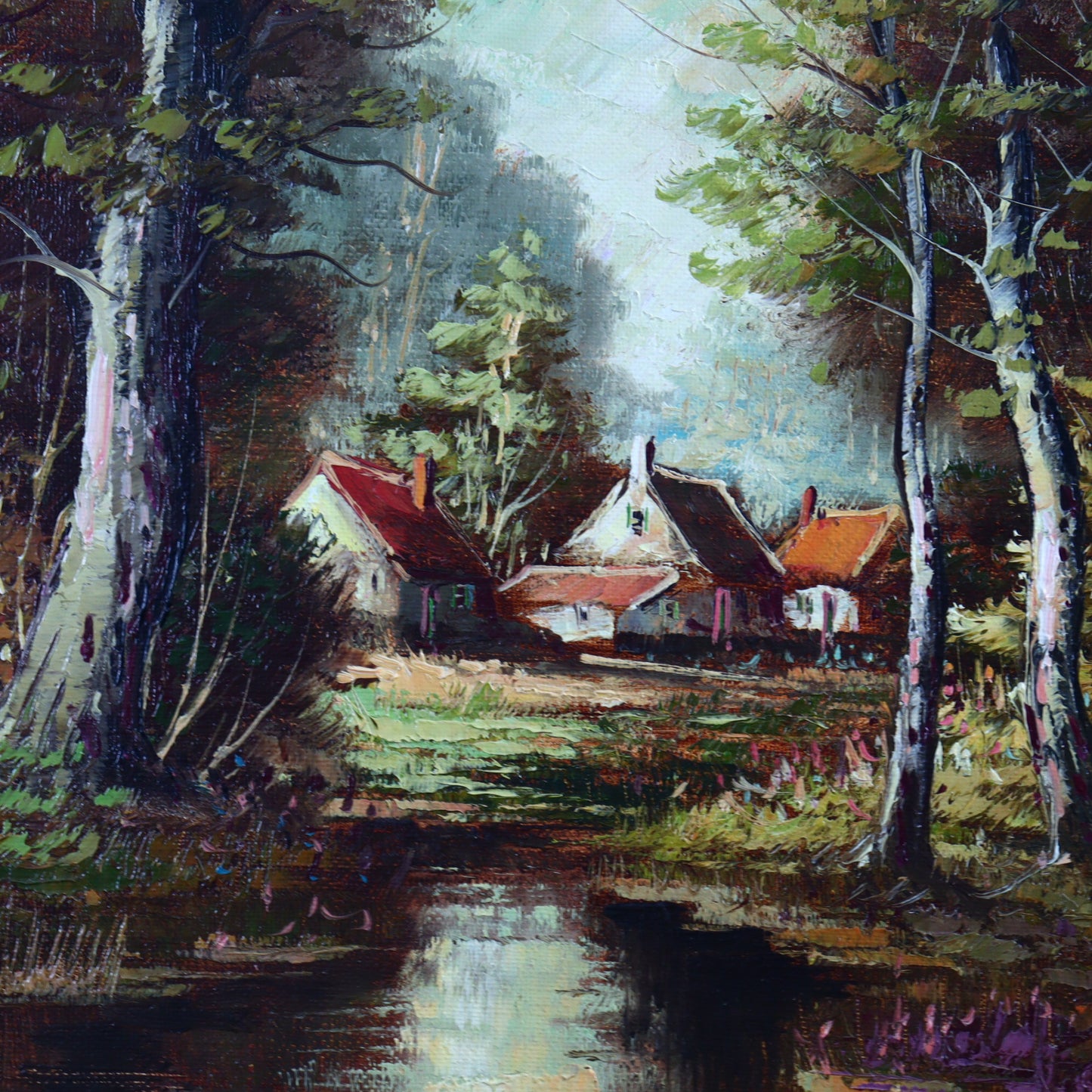 Oil Painting on Canvas – Birch Forest with Buildings