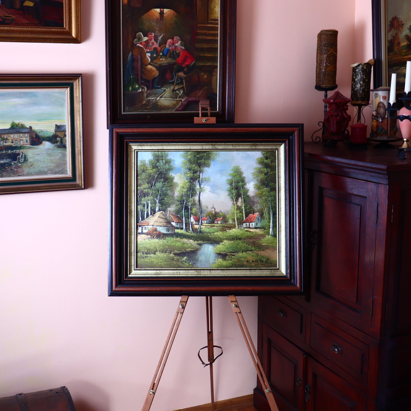 Oil Painting on Canvas – Countryside Cottages by Stream