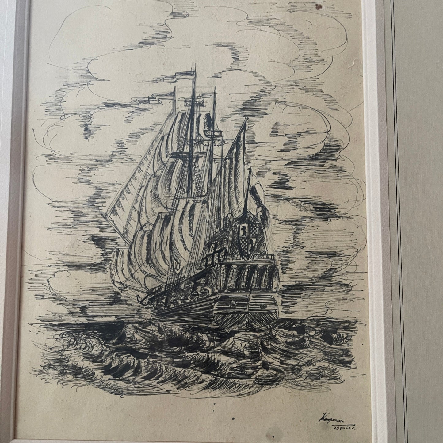 Black and white drawing of a ship on water with a cloudy sky.