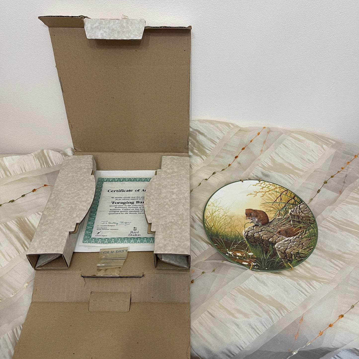Open box containing a framed artwork and certificate, with a close-up of the artwork on a textured surface.