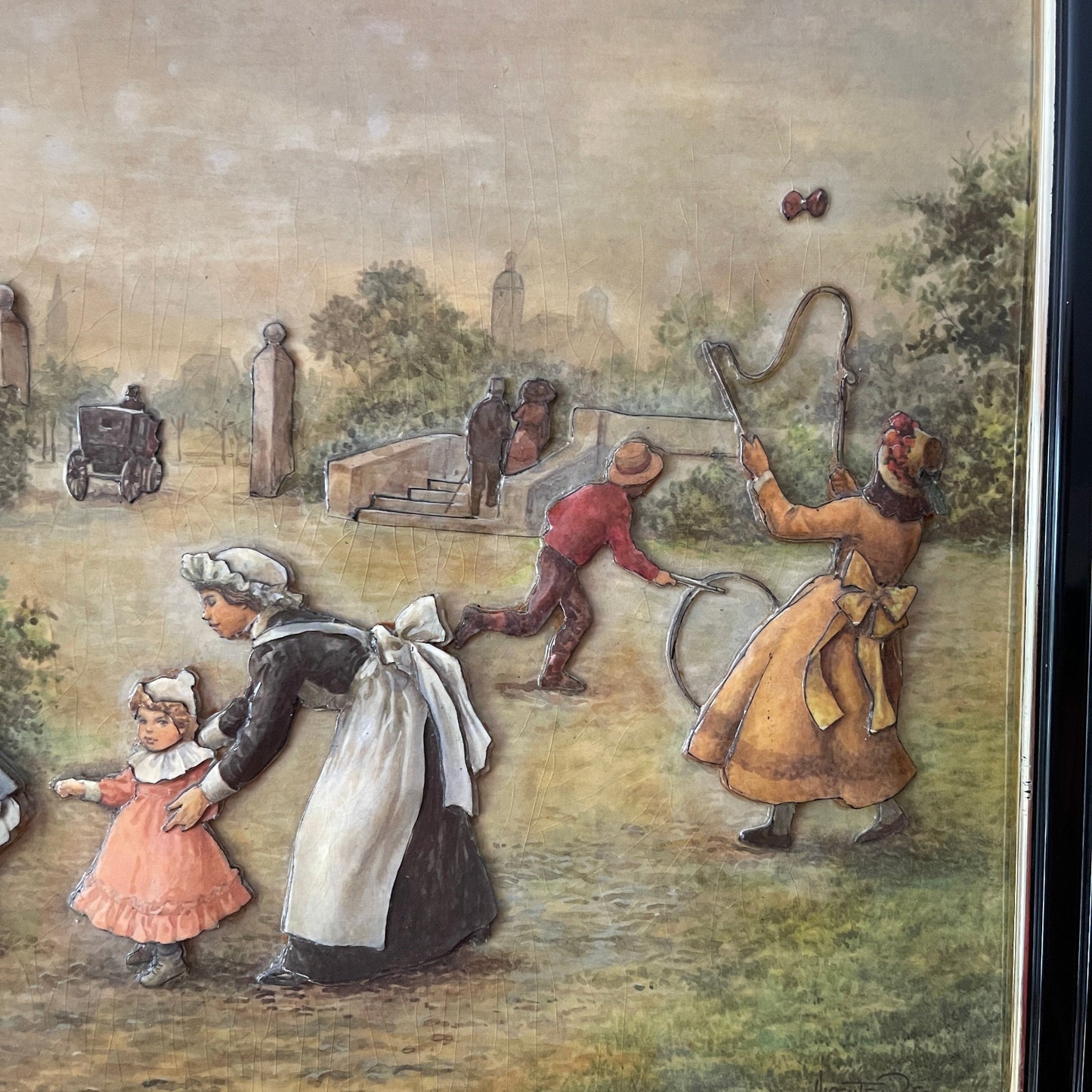 Vintage-style illustration of a family scene with children and adults in an outdoor setting.