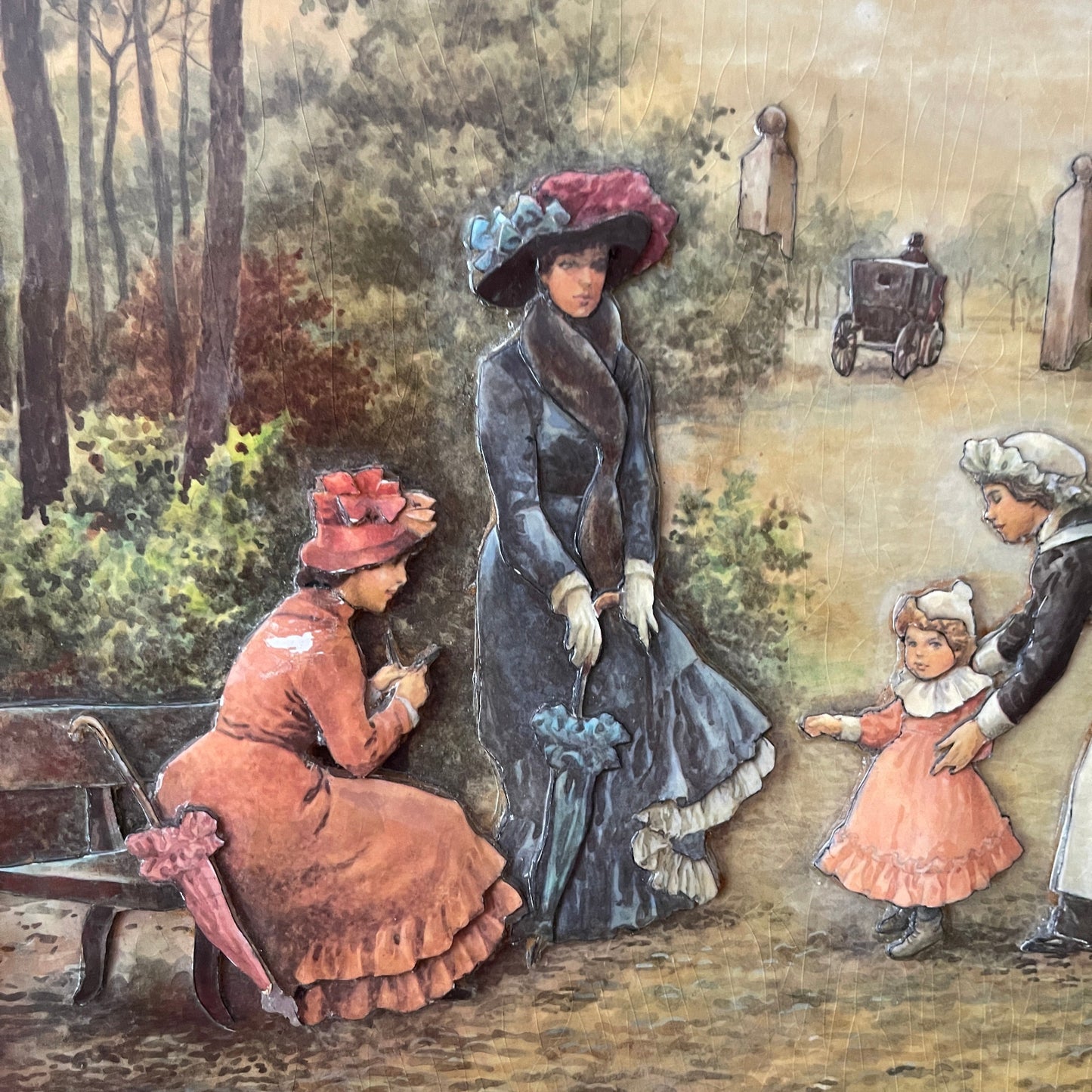 Vintage-style illustration of women and children in a park setting with a horse-drawn carriage in the background.