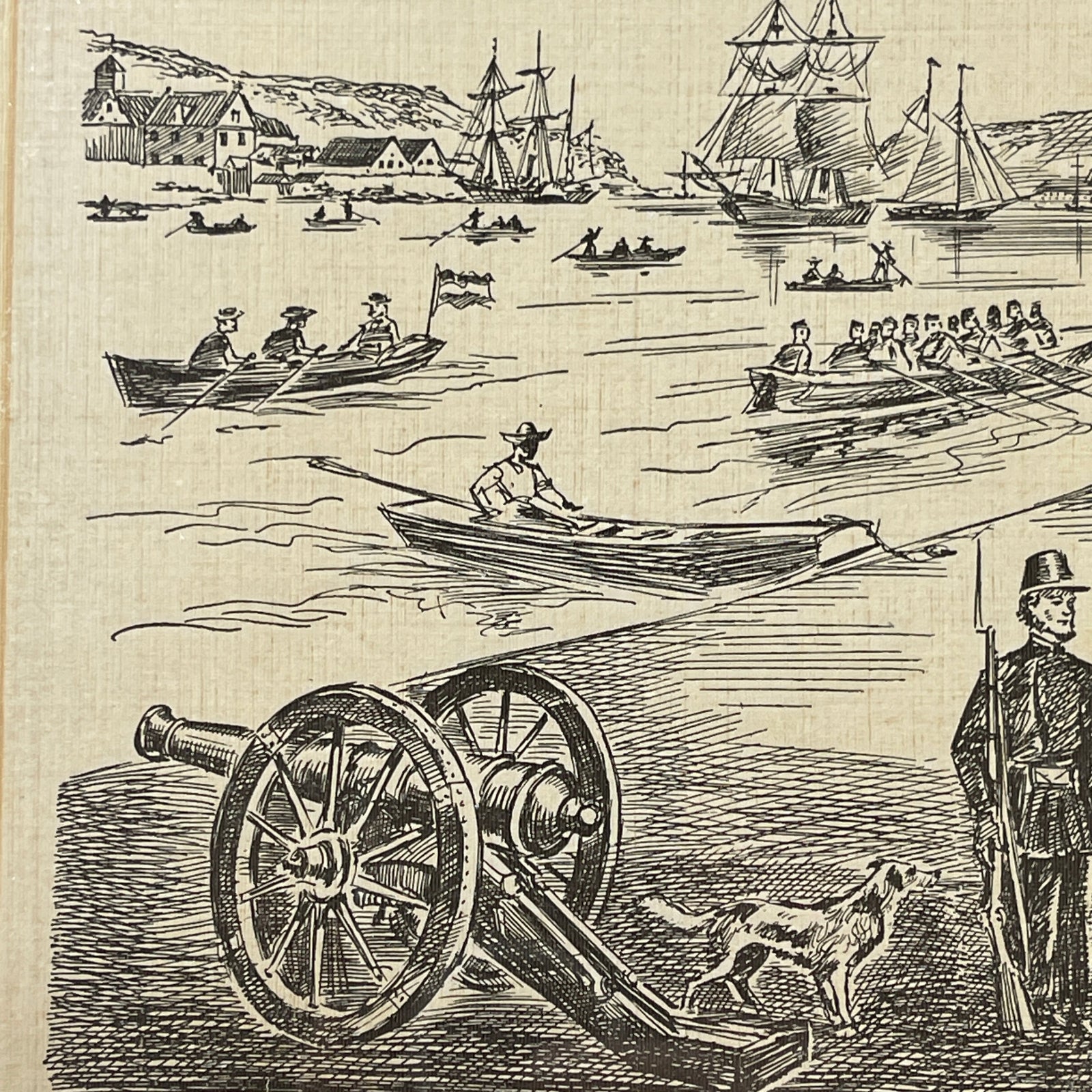 Vintage illustration of a coastal scene with boats, ships, and a cannon.