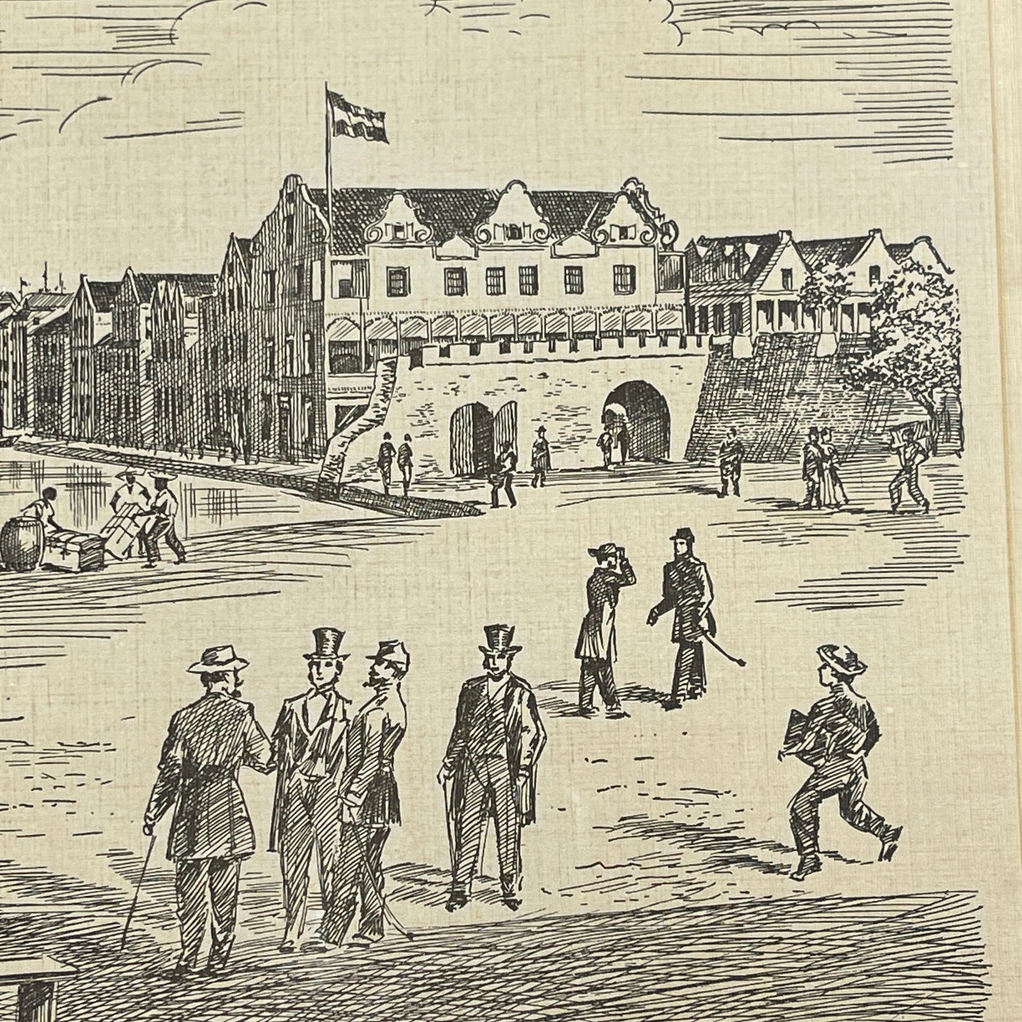 Vintage illustration of a town square with people and buildings