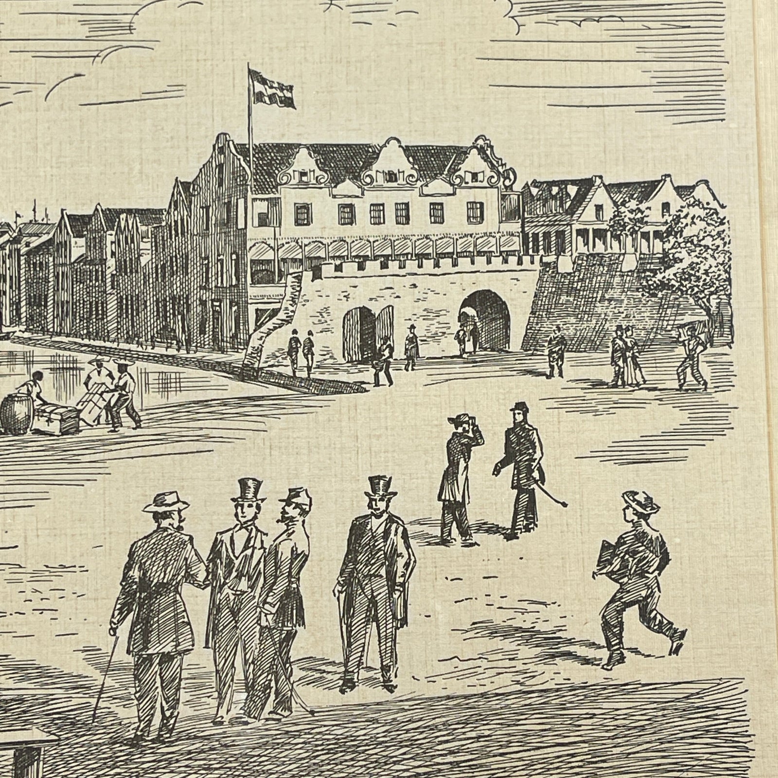 Vintage illustration of a town square with people and buildings