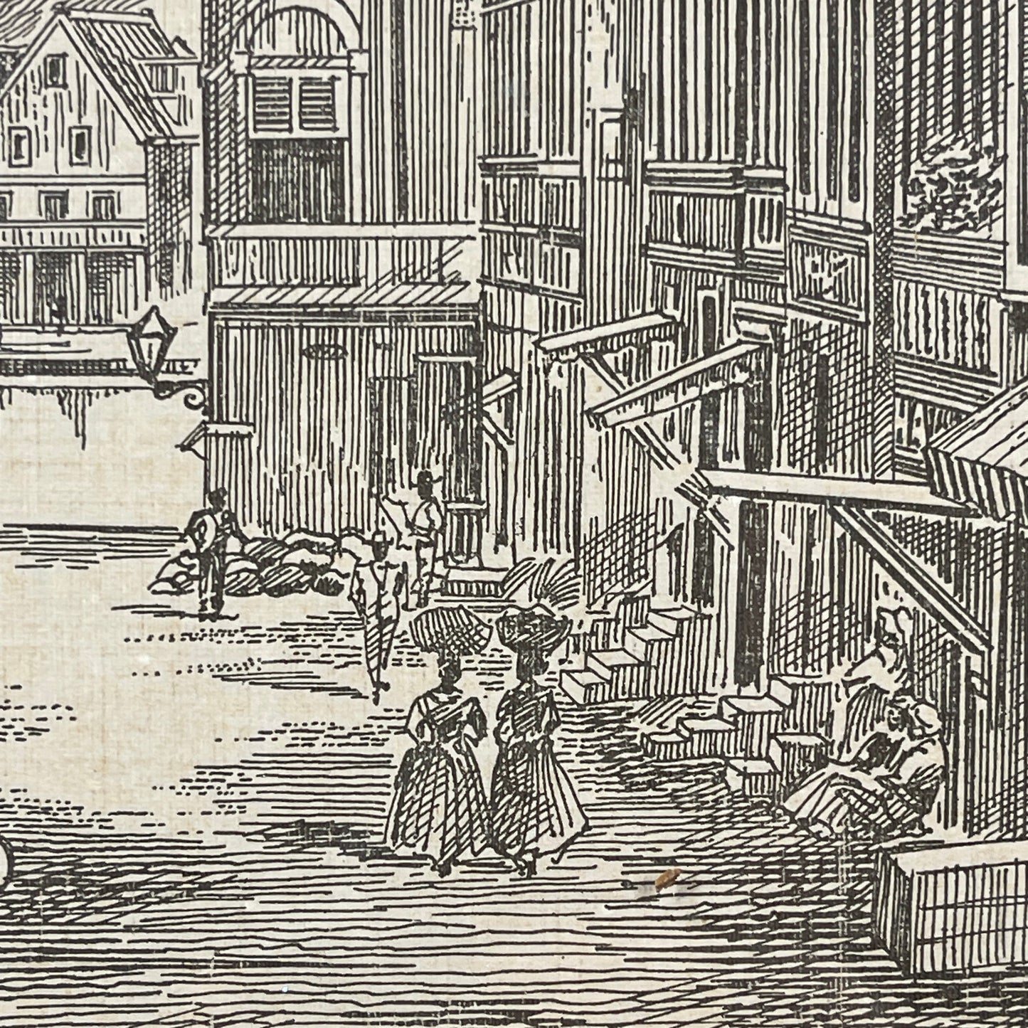 Vintage illustration of a canal scene with people and buildings