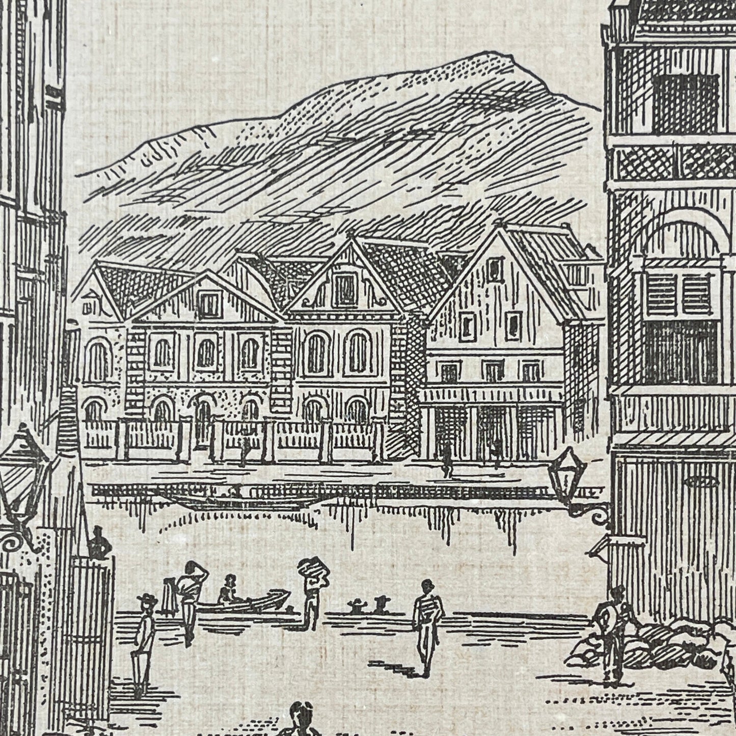 Vintage illustration of a canal scene with buildings and people, featuring a mountain in the background.