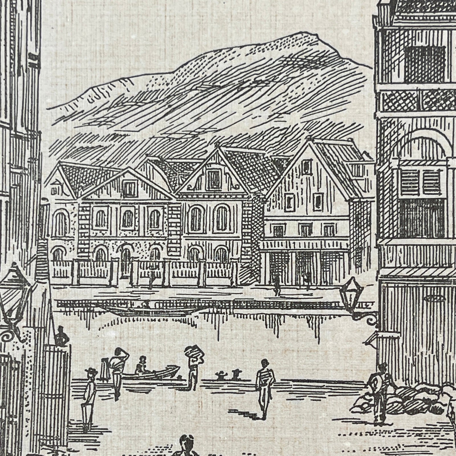 Vintage illustration of a canal scene with buildings and people, featuring a mountain in the background.