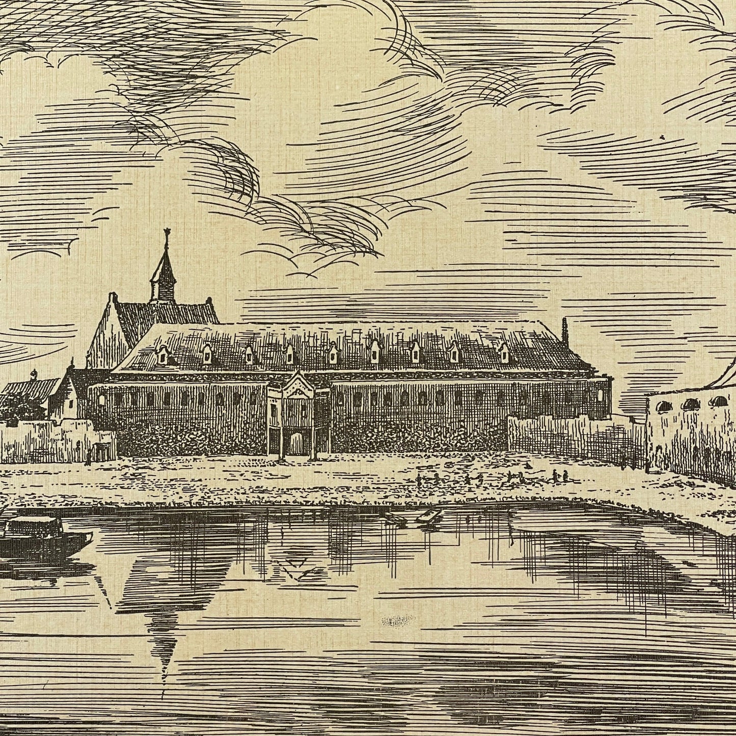 Vintage illustration of a large building with a moat and people around it.