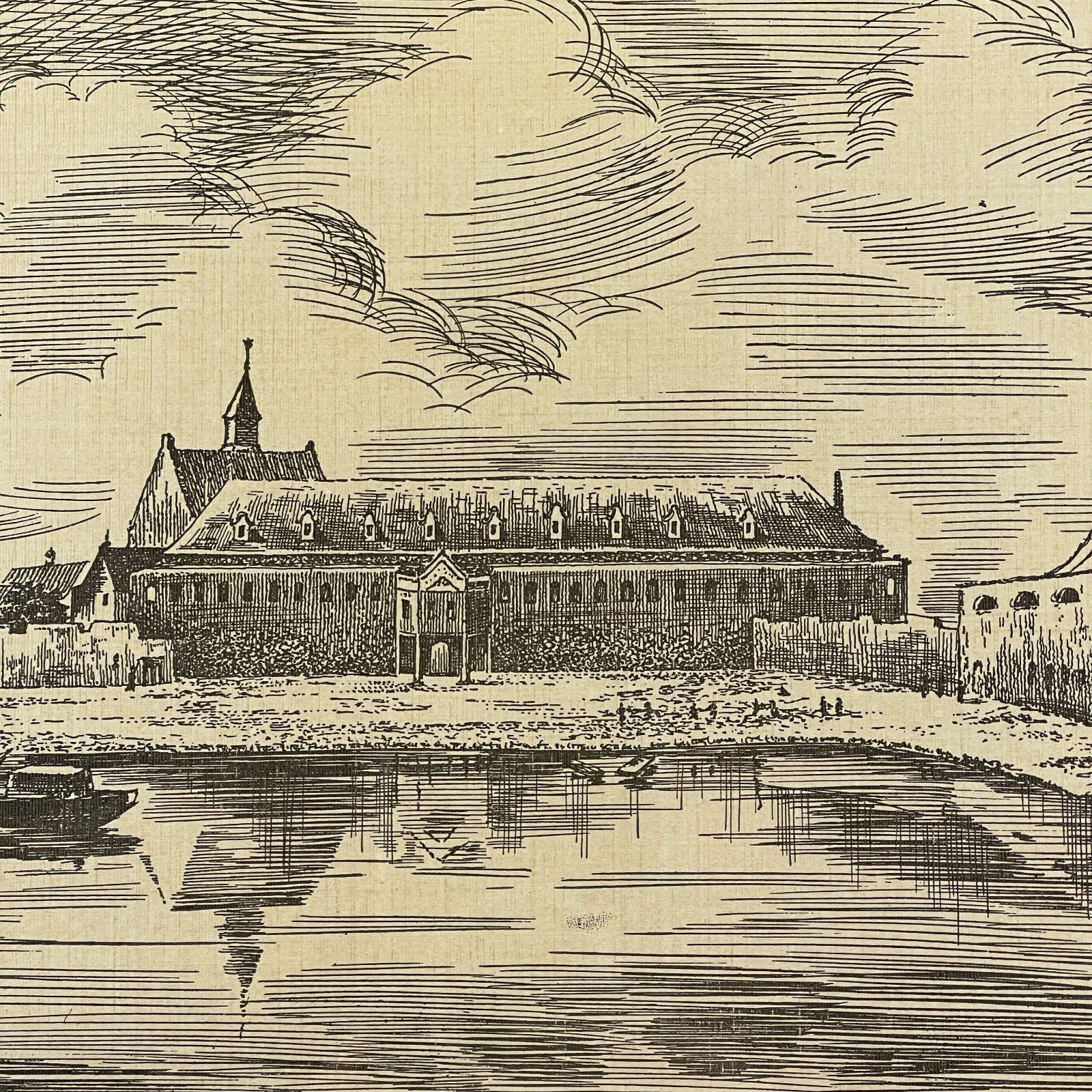 Vintage illustration of a large building with a moat and people around it.