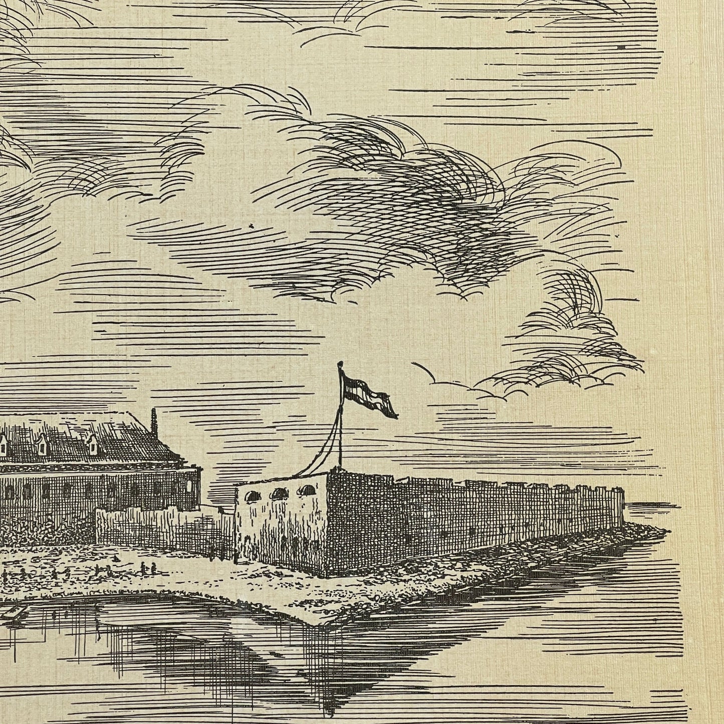 Vintage illustration of a fort with a flag on a textured beige background