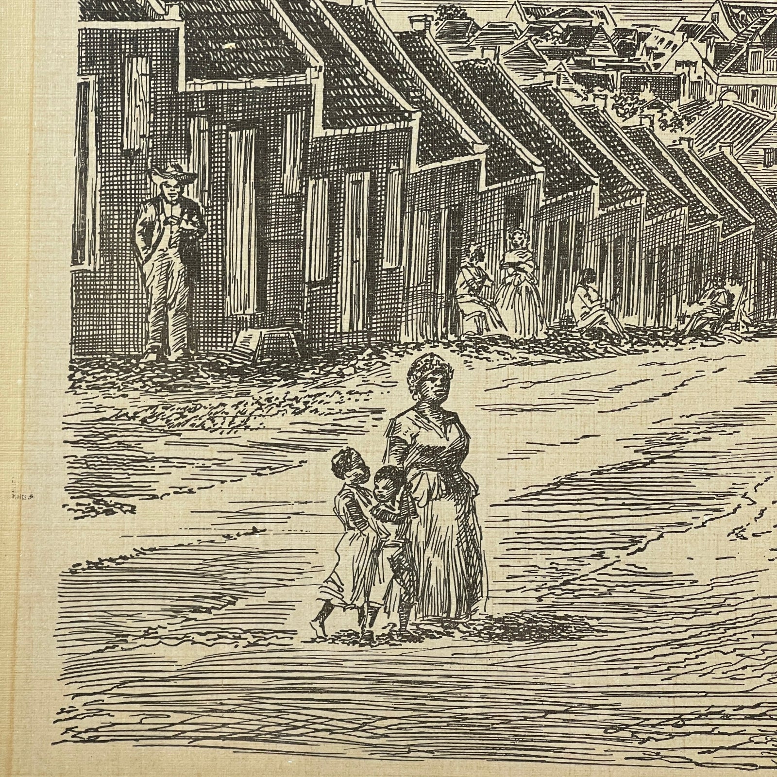 Vintage illustration of a woman with children walking through a slum area.