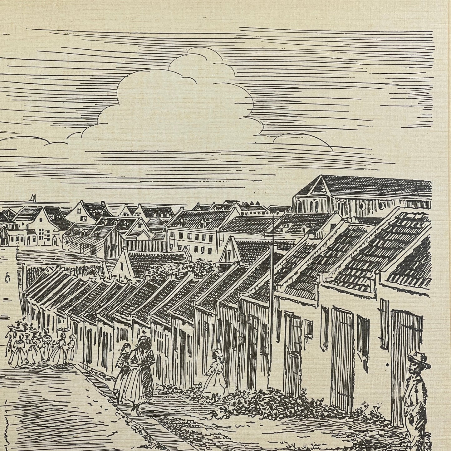Vintage illustration of a street scene with buildings and people in a small town.