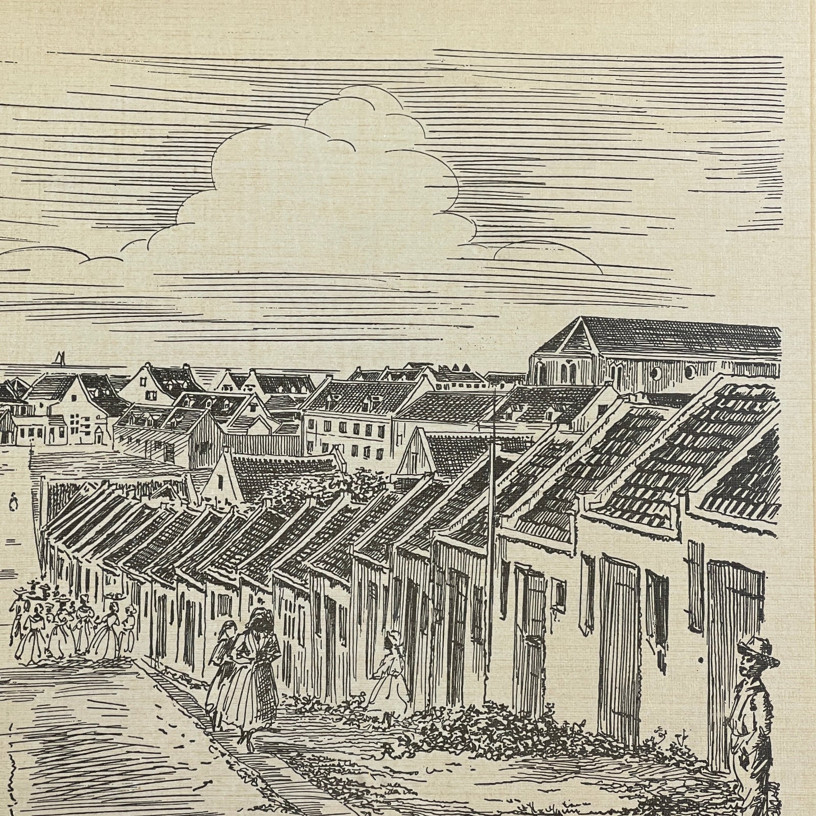Vintage illustration of a street scene with buildings and people in a small town.