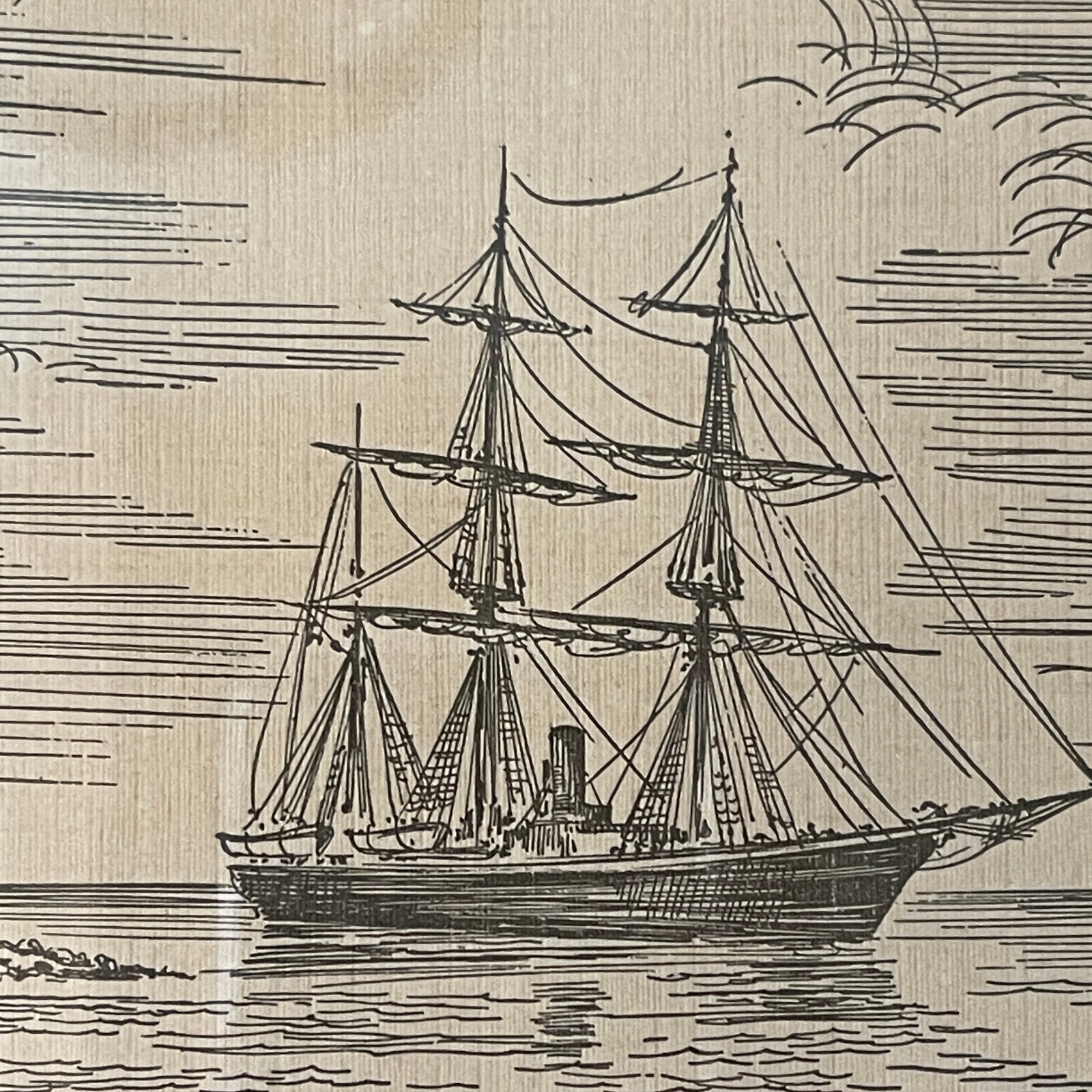 Vintage-style illustration of a ship on water with a textured background