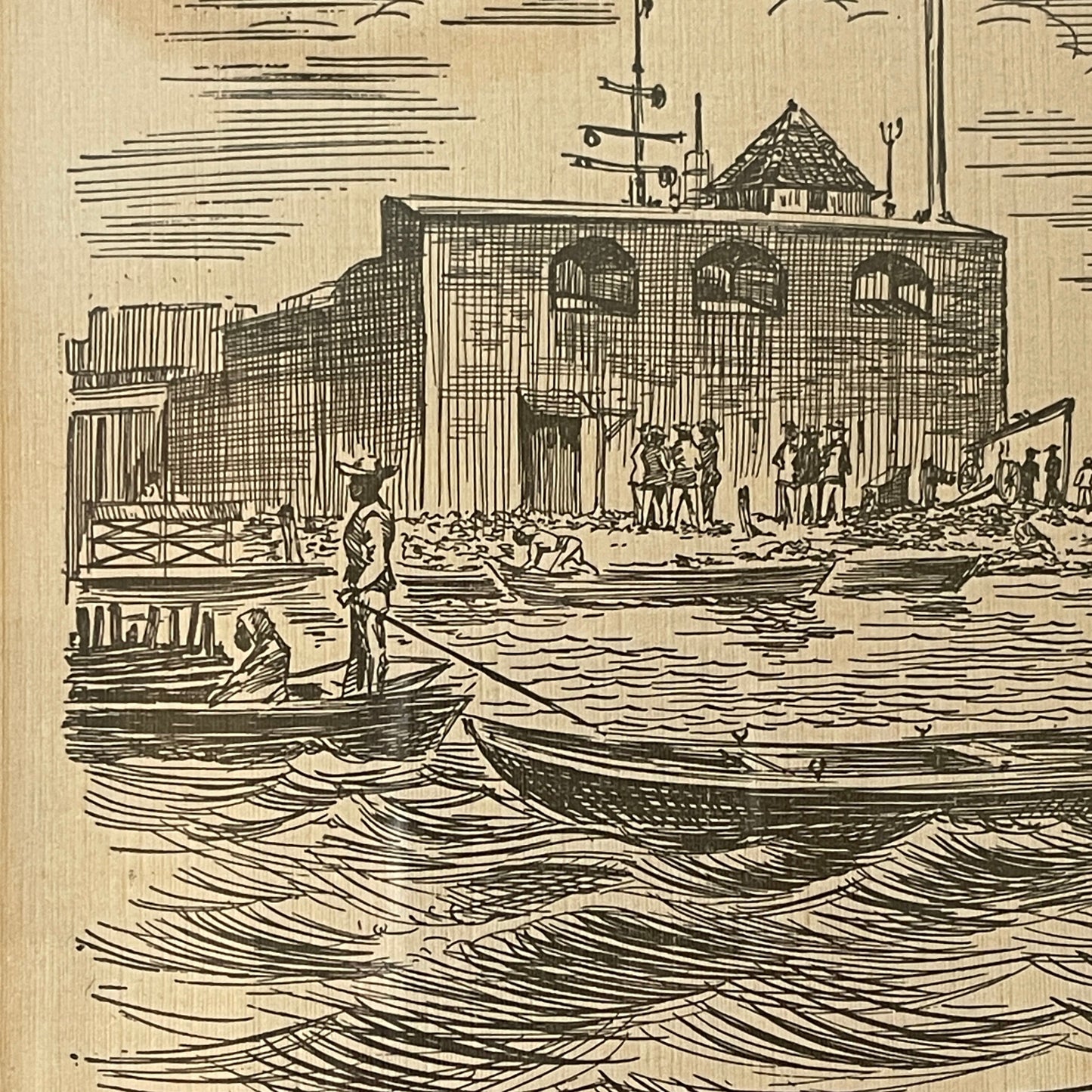 Vintage illustration of a harbor scene with boats and a building.
