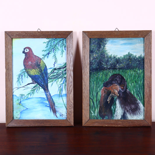Pair of Vintage 1939 Animal Paintings on Board Featuring Parrot and Hunting Dog