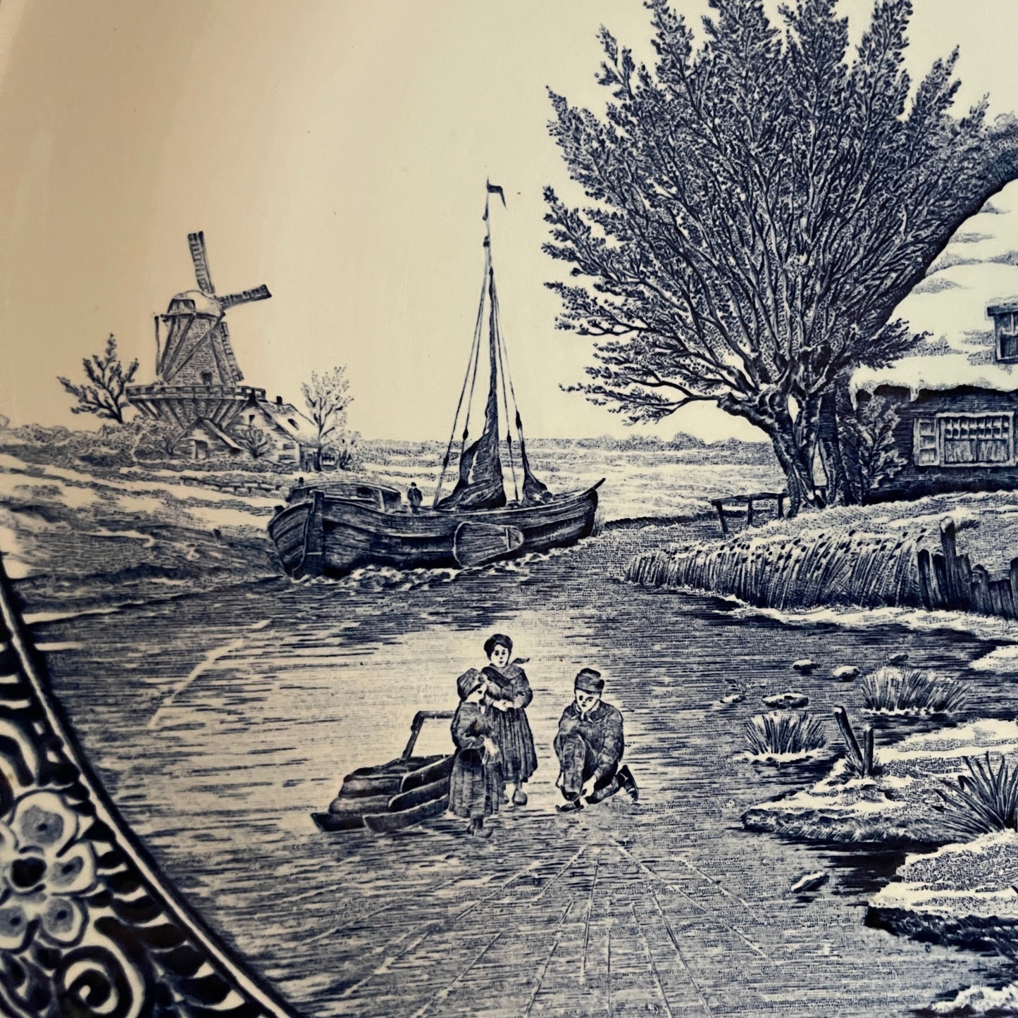 Vintage-style illustration of a canal scene with a windmill, boat, and people.