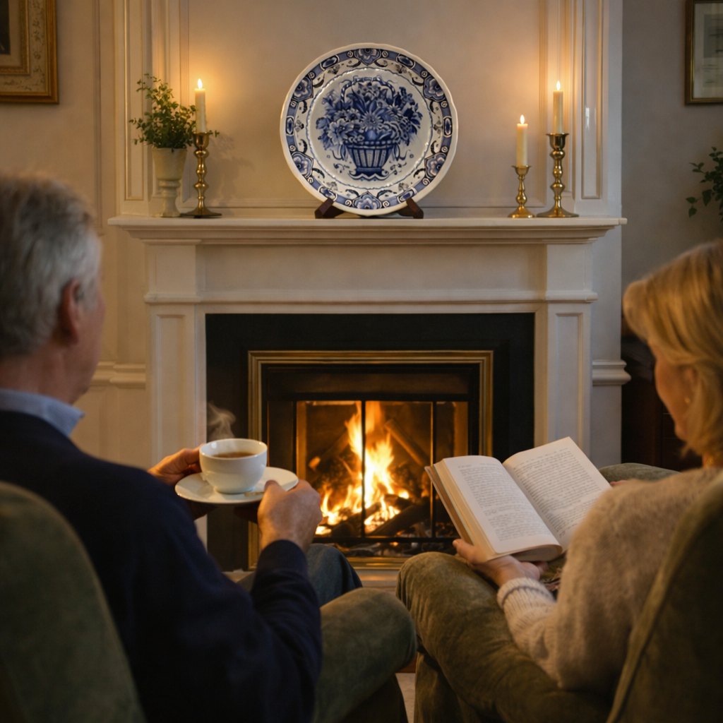 Two people sitting by a fireplace, one reading a book and the other holding a cup, with a decorative plate on the mantelpiece.