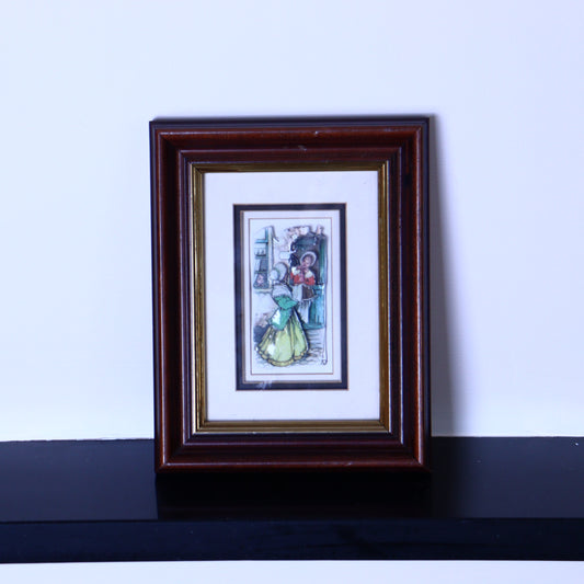 A framed 3D illustration of two women talking, created by the Dutch artist Anton Pieck, with a brown wooden frame and a white background.