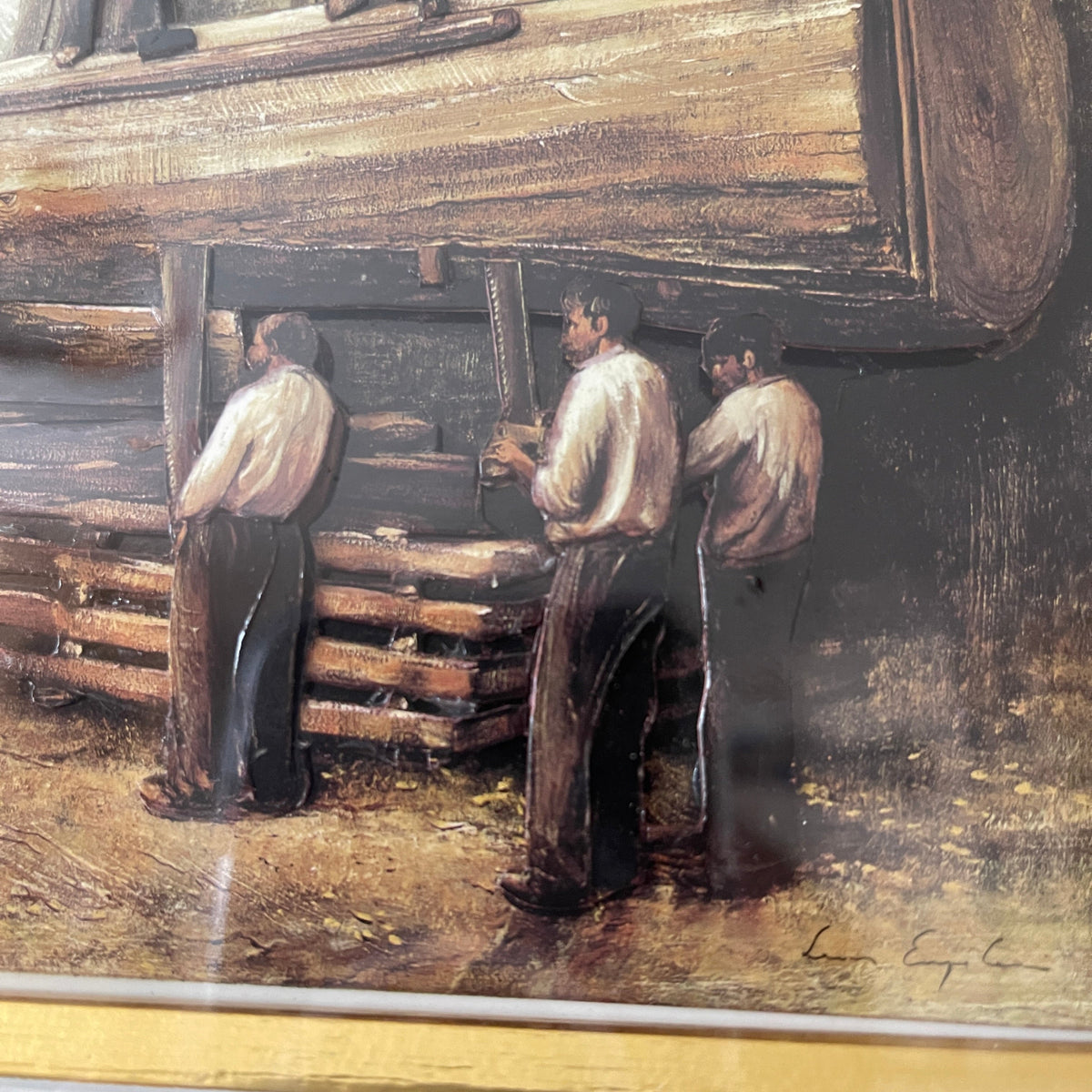 Artistic depiction of three men working with wooden planks in a rustic setting.