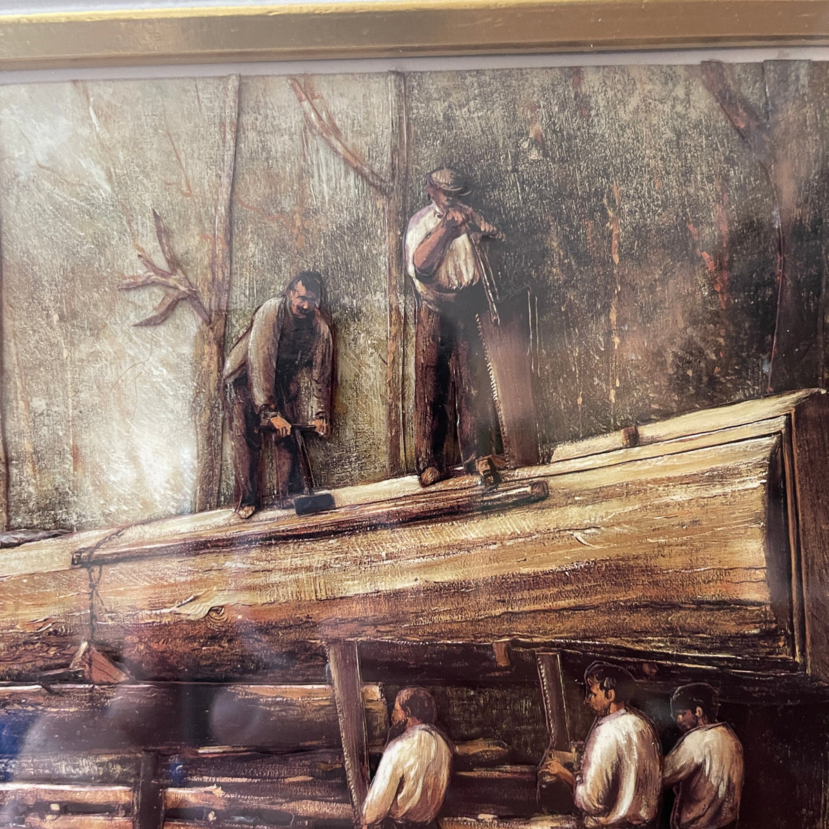 Painting of men working with logs in a forest setting