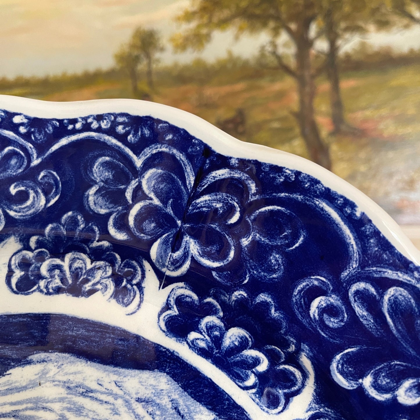 Decorative blue and white ceramic plate with floral patterns against a blurred landscape background