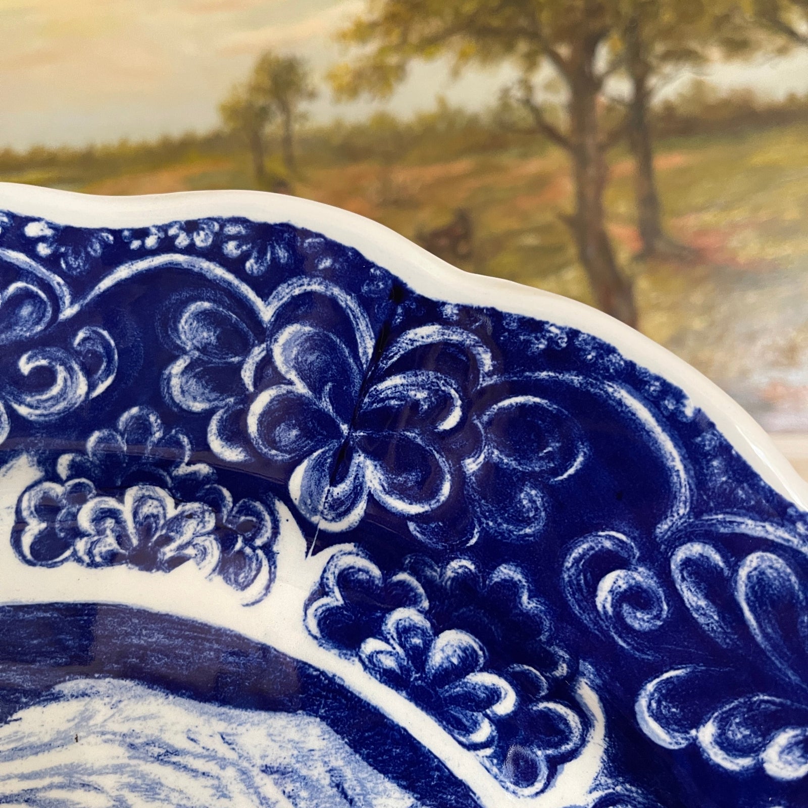 Decorative blue and white ceramic plate with floral patterns against a blurred landscape background