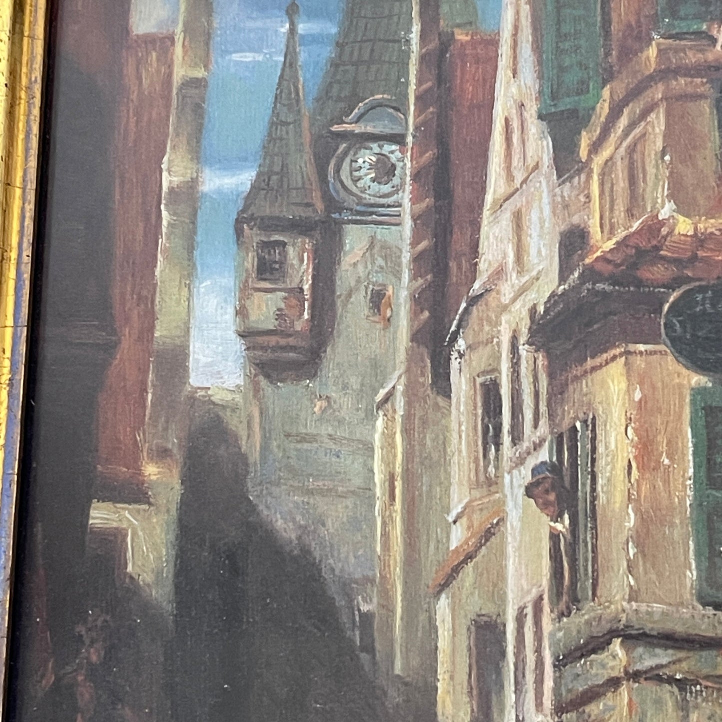 Painting of a city street with a clock tower and people in the foreground