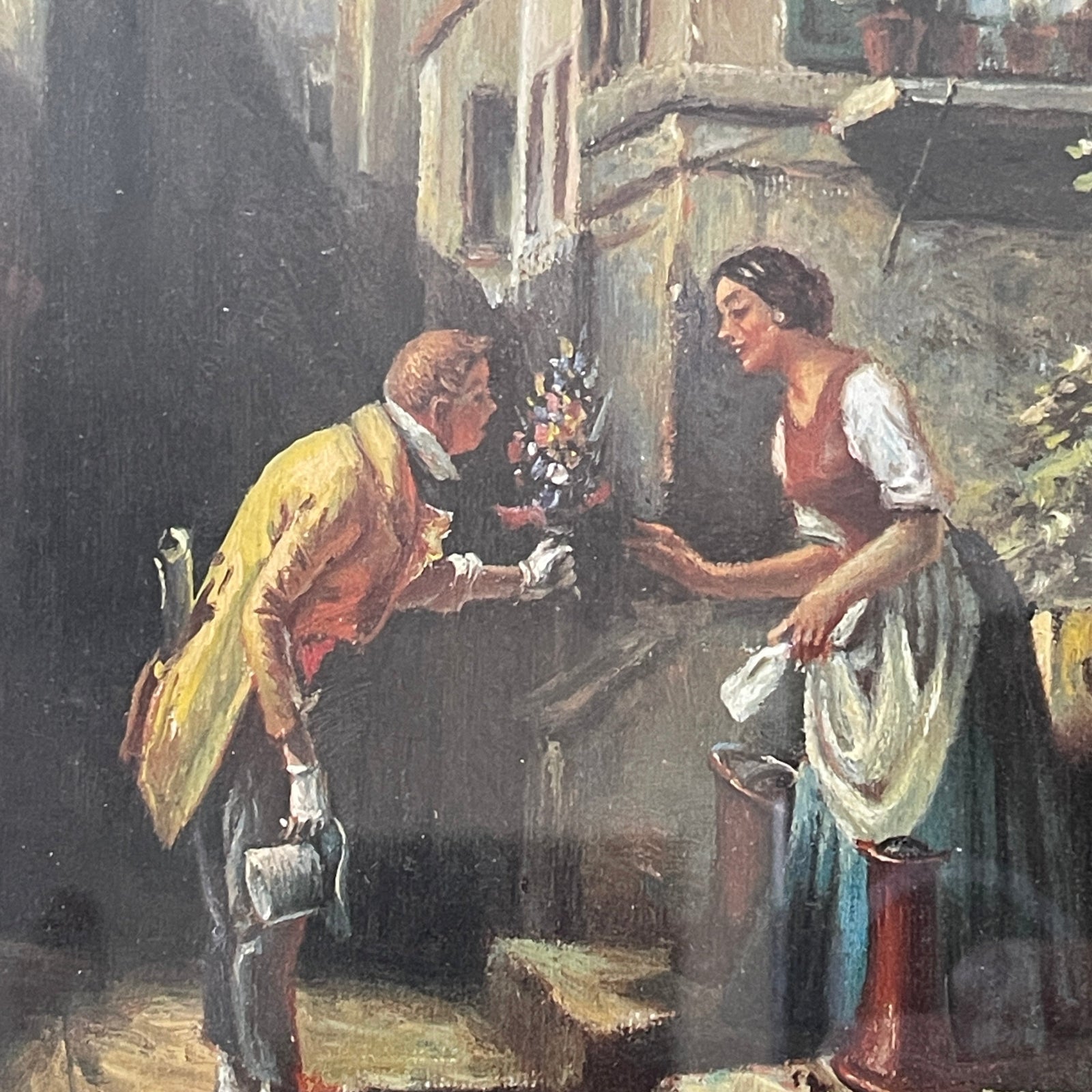 Painting of a man buying flowers from a woman in an urban setting